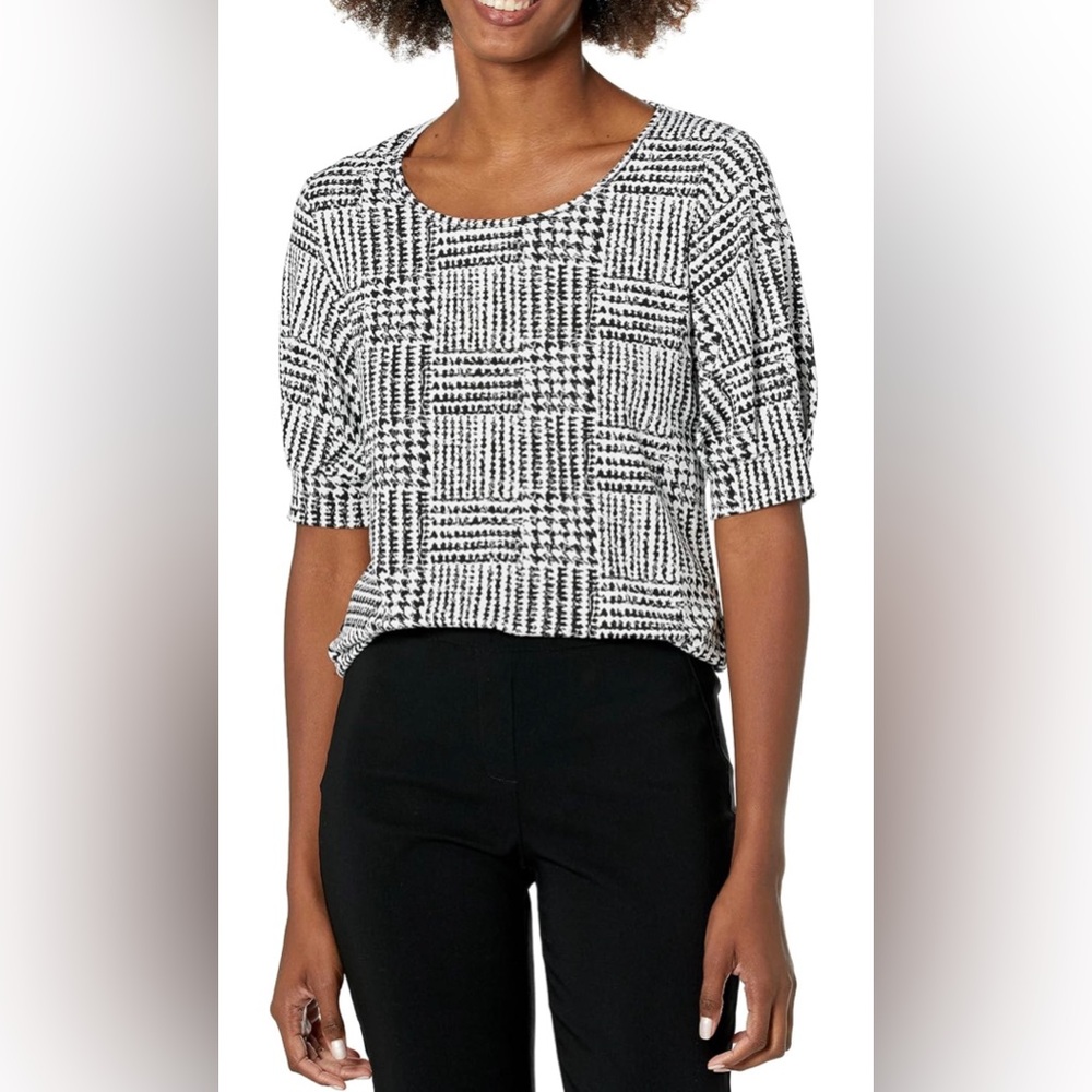 H&M Jersey Crepe Top Black and White Short Sleeve Shirt Blouse Large